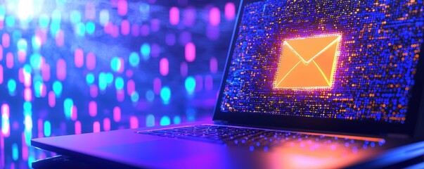 Poster - A glowing envelope icon on a laptop screen, with a colorful digital background, symbolizes email communication and technology , Identity Theft Prevention.