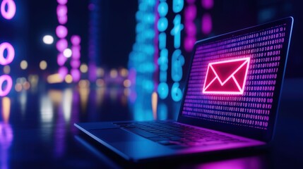 Poster - A laptop displays a glowing email icon amidst a backdrop of colorful binary code, symbolizing digital communication and technology , Identity Theft Prevention.