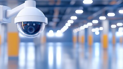 Poster - A security camera is mounted in a spacious, modern interior, with blurred lights and a clean design, emphasizing surveillance and safety , Identity Theft Prevention.