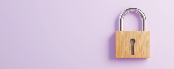 Poster - A wooden padlock with a shiny metal shackle rests against a light purple background, symbolizing security and protection , Identity Theft Prevention.