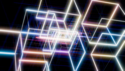 Abstract 3D render of glowing geometric shapes with reflections in blue, yellow, and red