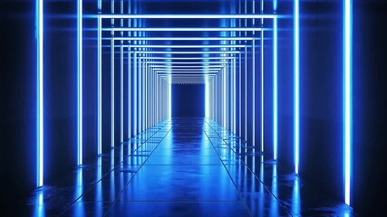 Poster - Neon Corridor: The image showcases a modern, geometric design, featuring a hallway illuminated by vibrant, glowing blue neon lights.