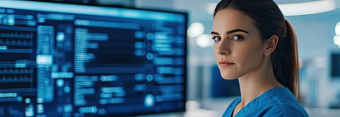 Medical clinic record and scrub nurse technology concept. Focused healthcare professional using digital technology.