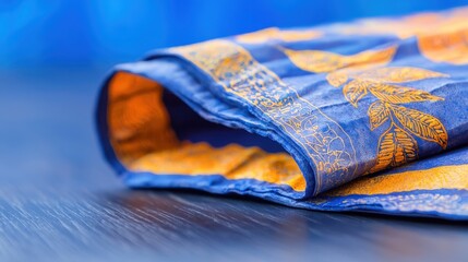 Poster - Soft blue and yellow cloth draped elegantly on a surface showcasing color contrast and texture