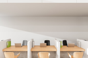 Poster - Modern minimalist office workspace with wooden desks and partition panels. 3D Rendering