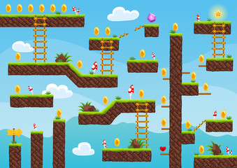 Game level map. Arcade 2d video game for old computer or console. Cartoon computer or mobile arcade with bonus items, jumping road to goal play. cartoon illustration
