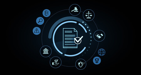Poster - Digital compliance and document verification concept. 3D Rendering