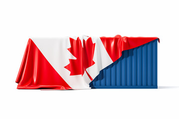 Poster - Canadian flag draped over blue shipping container symbolizing trade and export. 3D Rendering