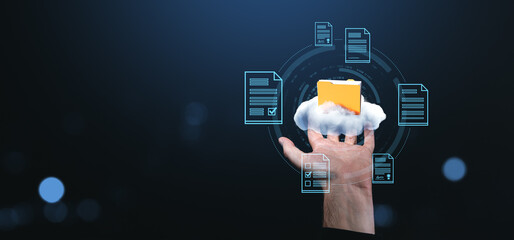 Poster - cloud data management concept with digital documents and folder.