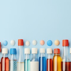 Poster - A row of bottles filled with different colored liquids displaying vibrant hues and artistic arrangement