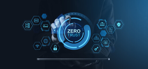 Poster - Zero Trust security concept with digital interface symbols.