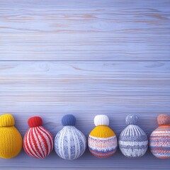 Poster - Cozy knitted balls in various colors arranged on a rustic blue wooden background for home decor