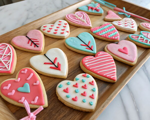 Aufkleber -  A collection of heart-shaped cookies on a cutting board, each decorated with icing and sprinkles. Keywords: cookie, heart, icing, sprinkle. 