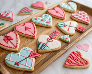 Aufkleber -  A collection of heart-shaped cookies on a cutting board, each decorated with icing and sprinkles. Keywords: cookie, heart, icing, sprinkle. 