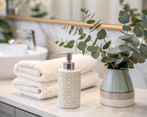 Aufkleber -  White porcelain soap dispenser on marble countertop. 