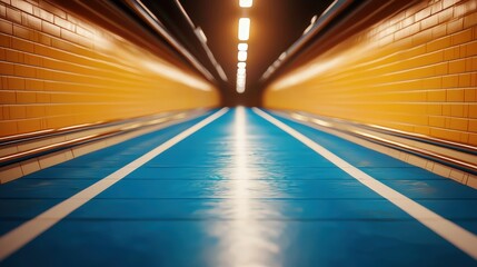 Poster - A long, mysterious tunnel with a smooth blue floor leading into a dimly lit unknown destination