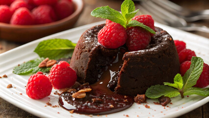 Poster -  Chocolate cake with raspberries and chocolate sauce on a white plate. 