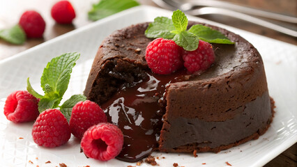 Poster -  Chocolate cake with raspberries and chocolate sauce on a white plate. 