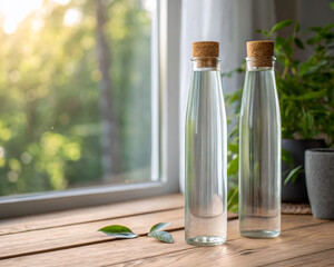 Poster -  Two clear glass bottles with cork tops placed on wooden table by open window. 