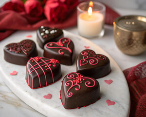 Aufkleber -  Five heart-shaped chocolates with swirled icing on marble surface, in front of red roses. 