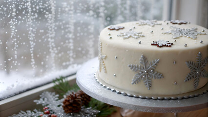 Poster -  White cake with snowflakes and silver dots, sitting on a table. 