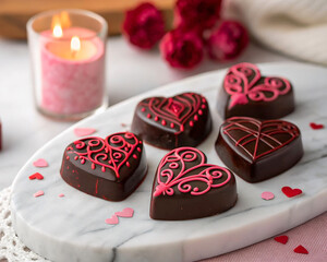 Aufkleber -  Four heart-shaped chocolate candies with pink frosting on a white marble surface. 