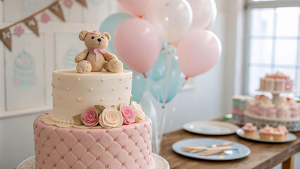 Aufkleber -  Pink cake with white frosting on table. 