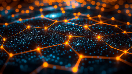 Poster - Abstract Digital Network Visualization Featuring Interconnected Orange and Blue Nodes on Dark Background