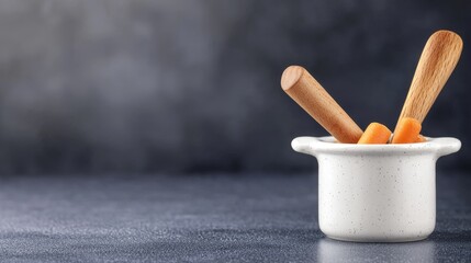 Poster - Elegant small white cup accompanied by wooden spoons on a wooden surface creating a cozy scene