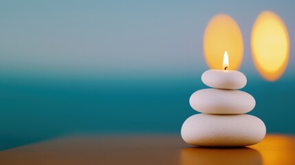 Poster - A single candle and a stack of smooth rocks placed together creating a peaceful natural setting