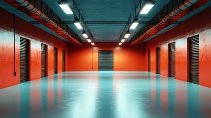 Poster - Long hallway adorned with striking red walls leading to an inviting space for modern interiors