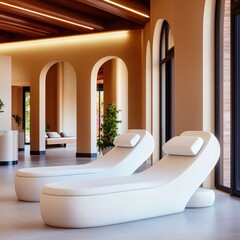Poster - Contemporary living room featuring a stylish white couch with modern decor and natural lighting