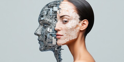 Poster - exploring the intersection of humanity and technology, a duality representation of a human face merg