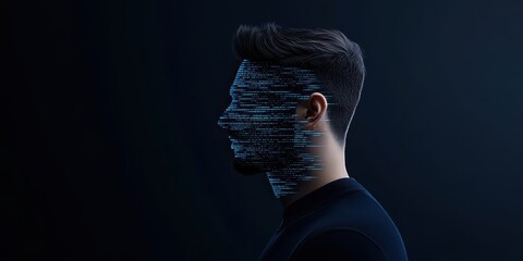 Poster - a futuristic portrait of a man with a digital face composed of binary code, symbolizing the fusion o