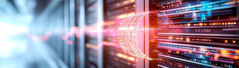 Poster - Futuristic Data Processing Visual with Glowing Elements in High-Tech Server Environment
