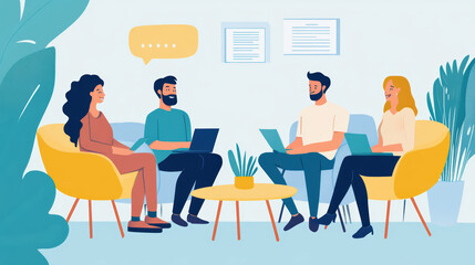 Poster - Three individuals sitting together in a room engaged in a thoughtful conversation during a group discussion for hiring assessment