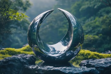 Poster - Sculpture reflecting nature in a serene outdoor setting surrounded by lush greenery