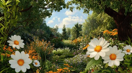 Wall Mural - a bright and cheerful wildflower meadow with white blossoms glowing under golden sunlight.