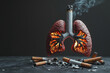 © bou - The Price of Pleasure: A graphic depiction of smoking's devastating impact, showcasing a stylized pair of lungs, resembling smoldering charcoal, directly linked to a lit cigarette, with scattered.