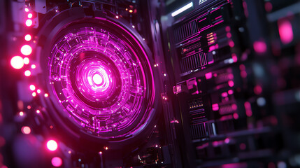 Futuristic glowing tech interface with vibrant pink illumination.