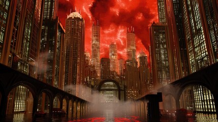 Poster - A neon-lit city with red smoke weaving through curved high-rise buildings, creating a cyberpunk feel.