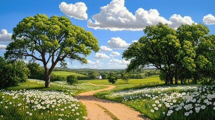Wall Mural - a peaceful field filled with white wildflowers dancing under the warm glow of spring sunlight.