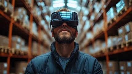 Aufkleber - A man wearing virtual reality goggles stands in a warehouse surrounded by organized shelves filled with boxes. He engages with high tech systems aimed at enhancing distribution efficiency.