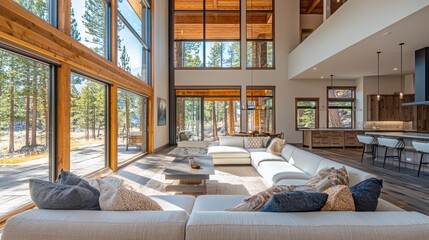 Poster - Sunlight floods a contemporary living room, highlighting cozy furnishings and wooden accents. Surrounded by nature, this inviting space blends comfort with stunning views of the outdoors
