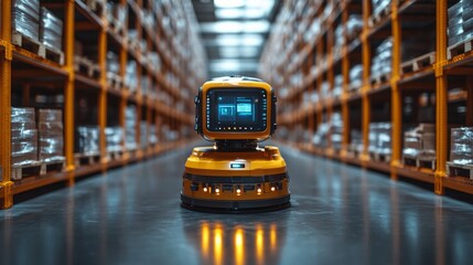 Aufkleber - Autonomous robots navigate through a spacious warehouse filled with neatly organized pallets, efficiently managing the movement of freight and inventory in a modern logistics environment.