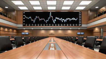Poster - Financial Data Room: An impressive, spacious boardroom, a central screen dominates, displaying intricate stock market data reflecting financial dynamics.