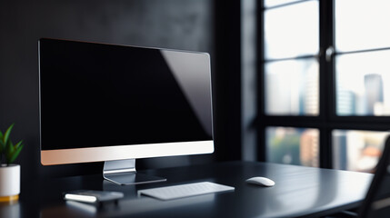 Poster - Digital Workspace: A sleek, modern desk with a blank computer screen, minimalist design, and subtle hints of a city view through a nearby window. It's an open canvas for productivity and creativity.