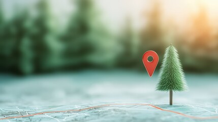Poster - Icon Pin Location Marker Pin marker with a flag attached, placed on a map with a route marked, travel and exploration theme
