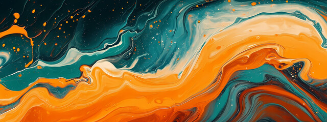 Poster - Celestial Flow: An ethereal dance of vibrant teal and fiery orange hues, creating an abstract masterpiece of fluid motion, evoking the cosmos and artistic expression. 