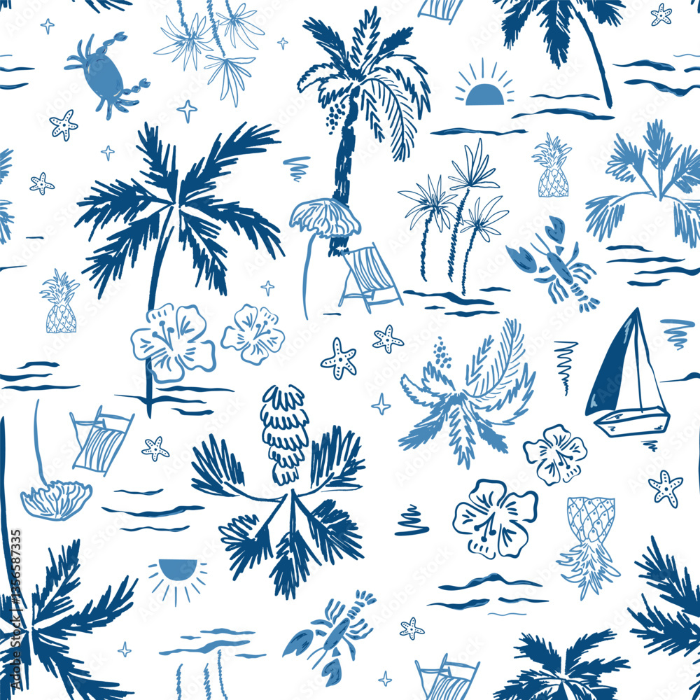 Blue indigo summer tropical beach seamless pattern Cute hand-drawn palm ...